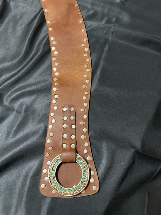 Leatherock Brown Wide Leather Studded Statement Belt with Jeweled Ring main image 4
